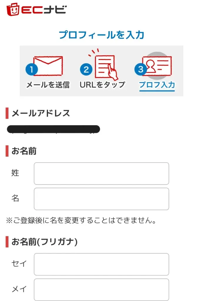 ECナビ登録手順のイラスト｜メール送信・URLタップ・プロフィール入力の流れ