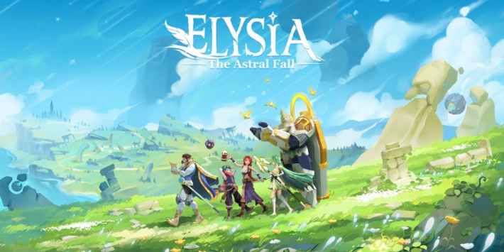『Elysia: The Astral Fall』の公式ビジュアル。広大な草原を背景に、冒険者たちが進むファンタジー世界のキービジュアル